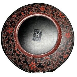Pier 1 Large Round 13 inch 3 Decorative Wooden Charger Plates Red Black Floral